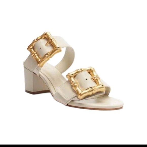 Schutz Womens Ivory Enola Mid Block Sandal With Gold Buckle 10 - Picture 1 of 14